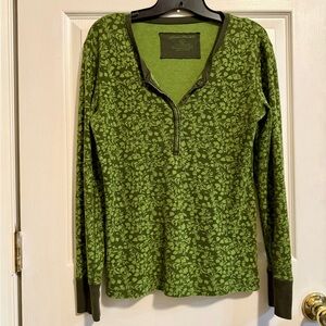 Y2K Vintage Eddie Bauer Olive Waffle Knit Long Sleeve Top w/ Velvet Trim Size L